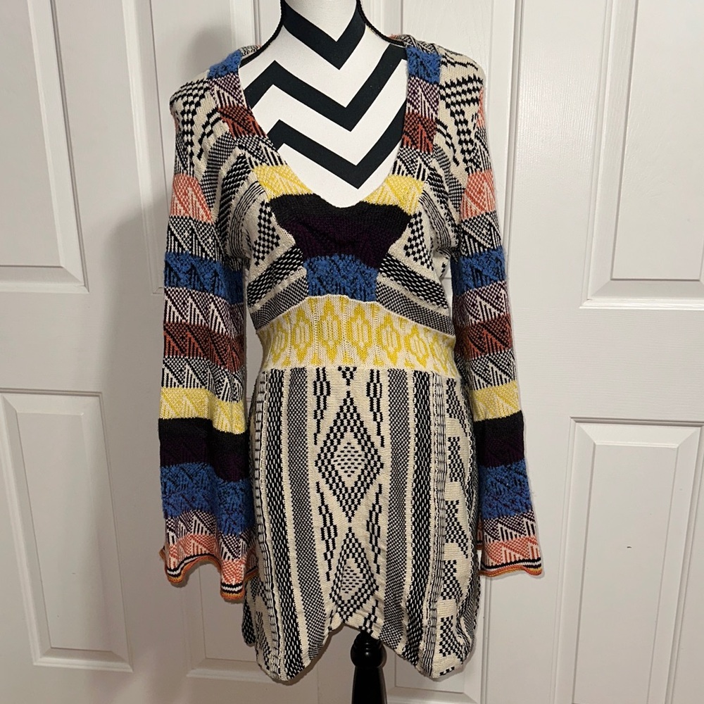 Free People Multicolor Patterned Knit V-Neck Long Sleeve Dress